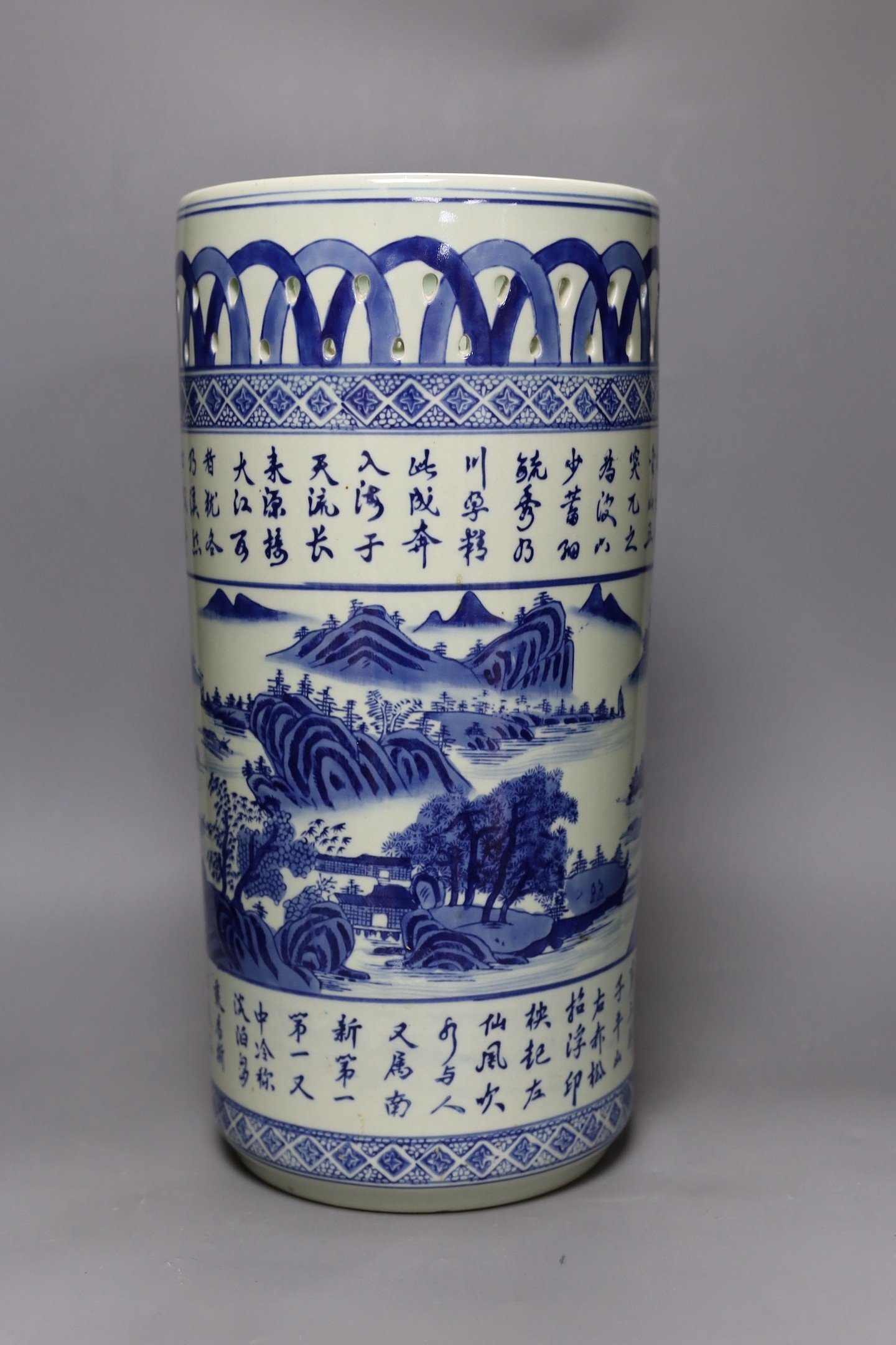 A Chinese blue and white umbrella / stick stand, 45cm